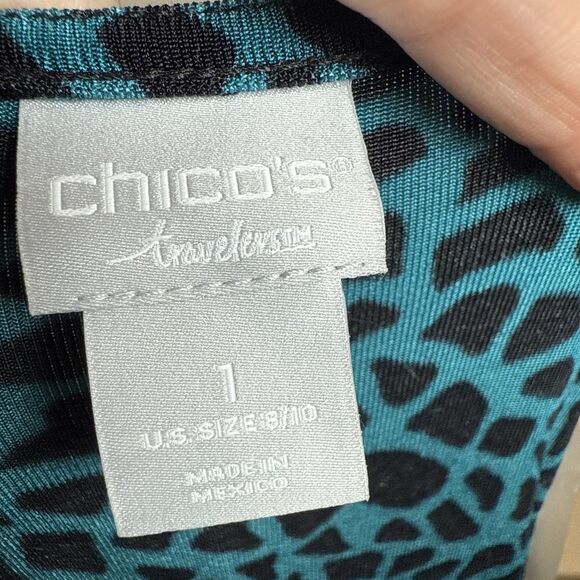 Chico's Travelers Boho Teal Black Leopard Print Dress Size 8/10 - Picture 11 of 16